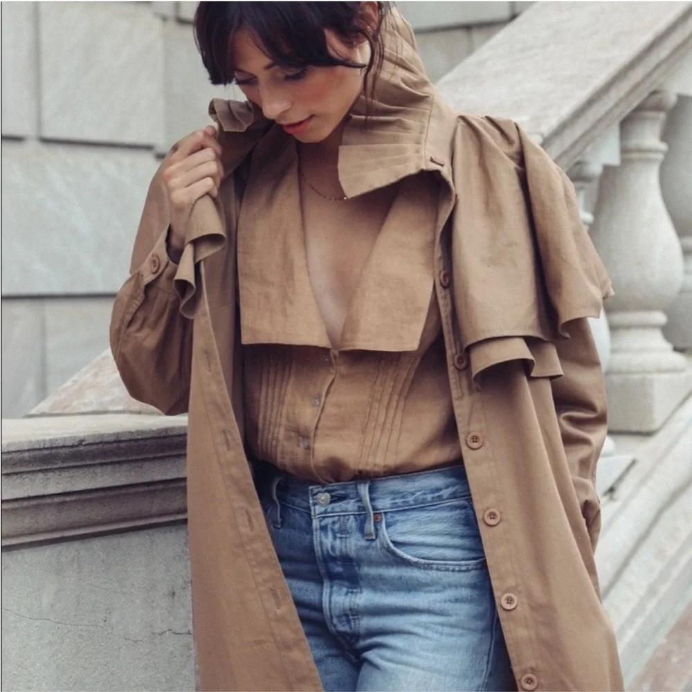 Women’s Camel Trench Coat with Ruffle Cape Detail - Picture 5 of 16